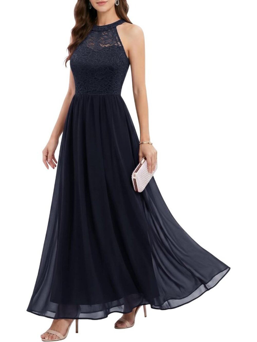 Women's Navy Halter Neck Floral Lace Bridesmaid Cocktail Bodycon Maxi Dress